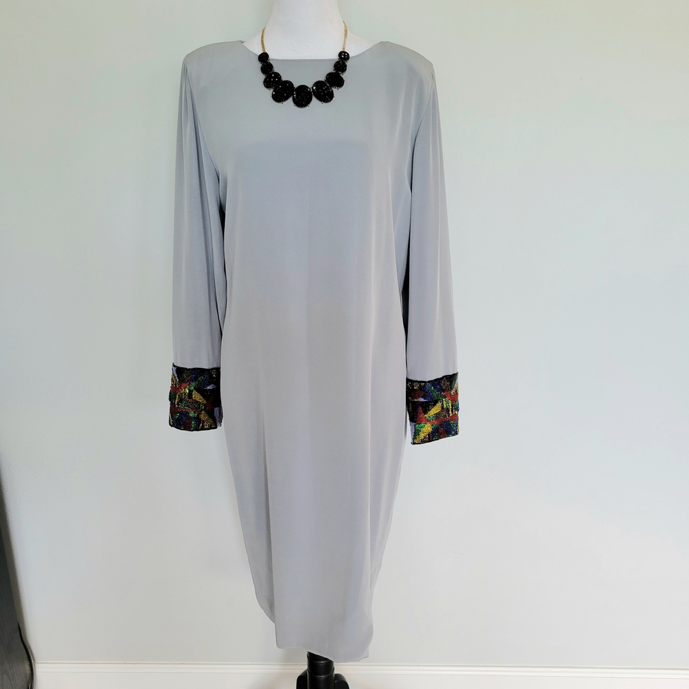 DELLA ROUFOGALI Gray Vintage 80s Long Sleeves Old Money Beaded Cuffs Dress Sz 10